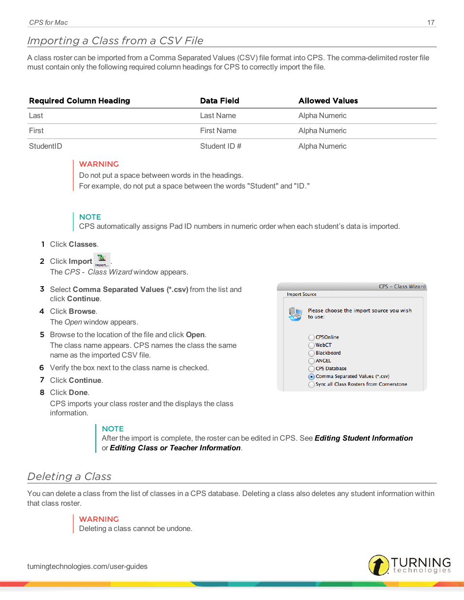 Importing a class from a csv file, Deleting a class | Turning Technologies CPS User Manual | Page 17 / 79