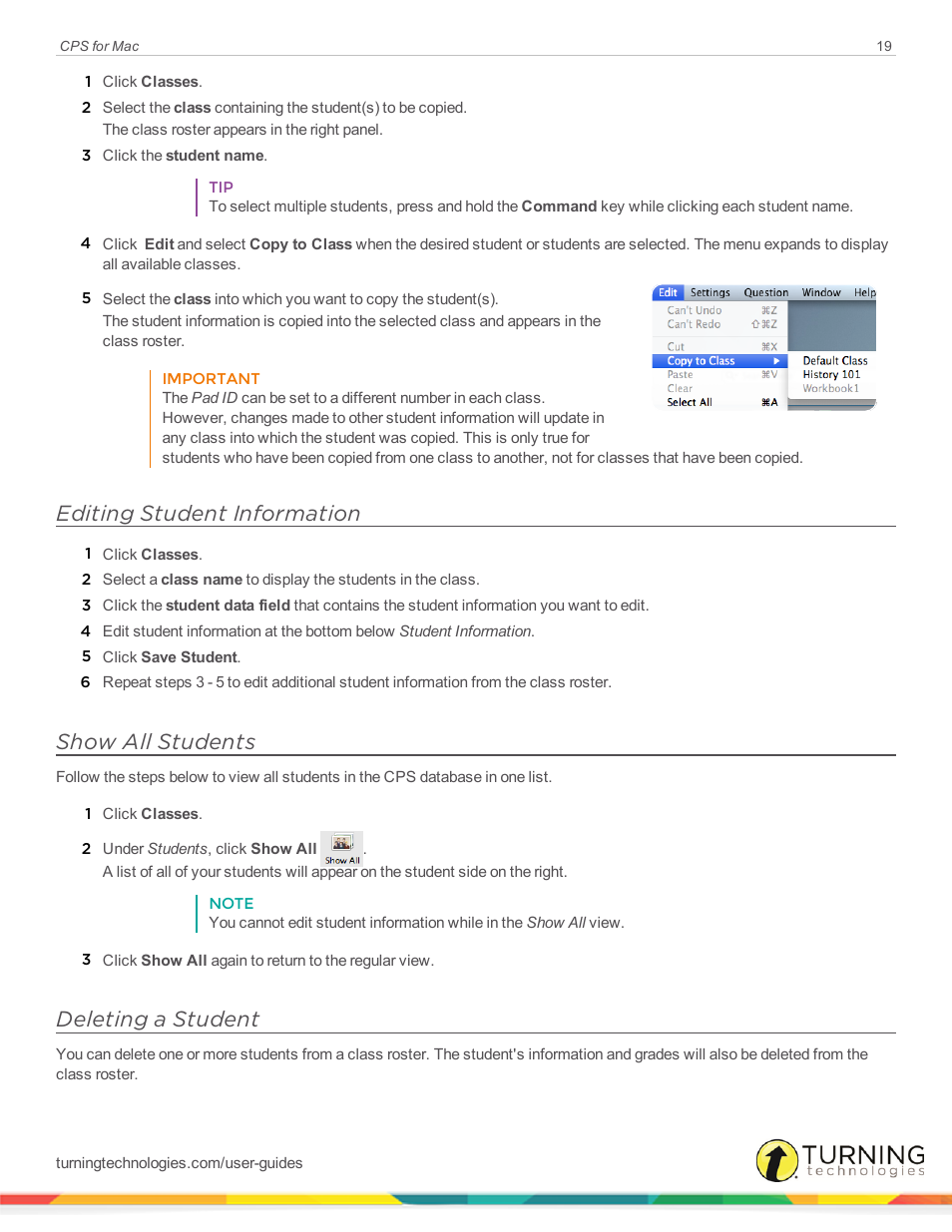 Editing student information, Show all students, Deleting a student | Turning Technologies CPS User Manual | Page 19 / 79