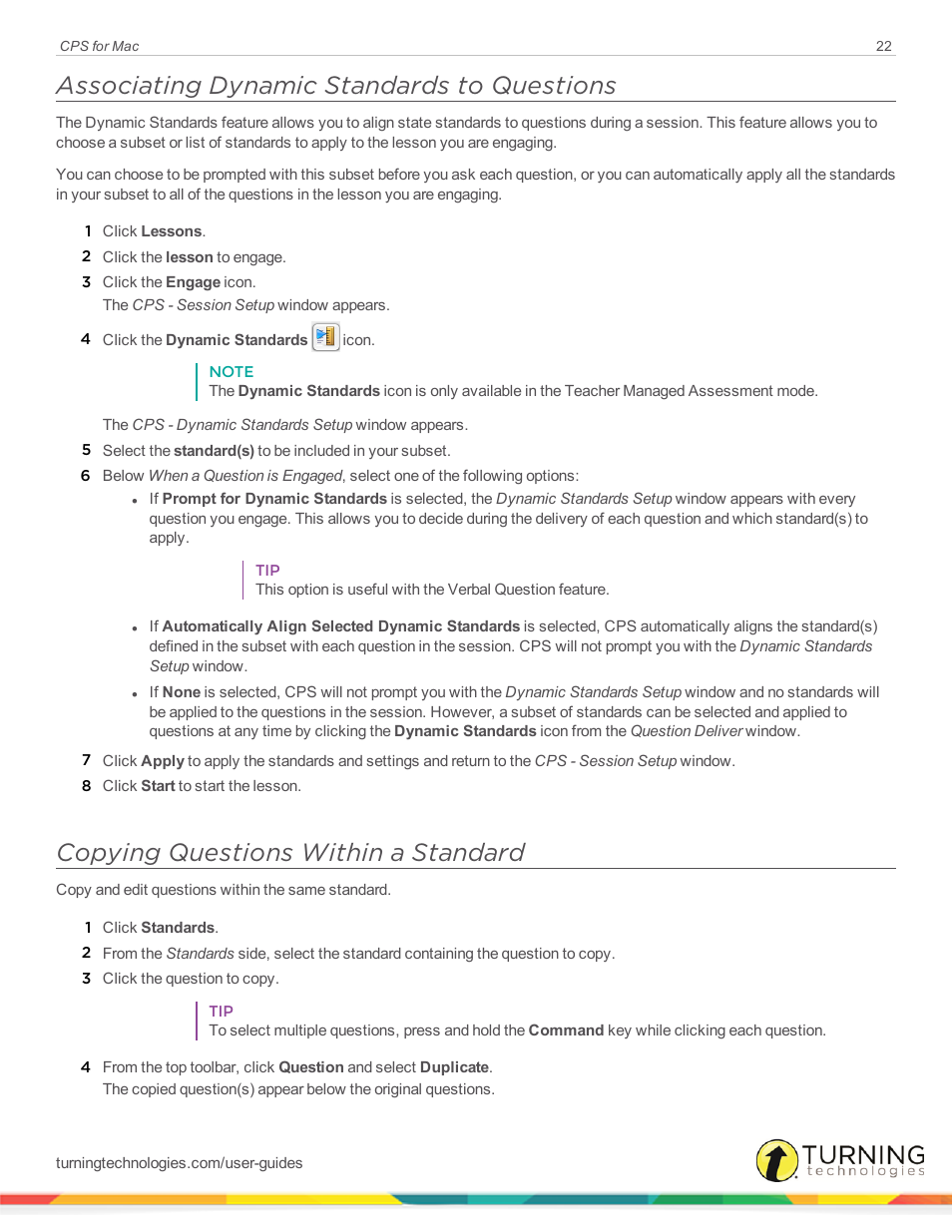 Associating dynamic standards to questions, Copying questions within a standard | Turning Technologies CPS User Manual | Page 22 / 79