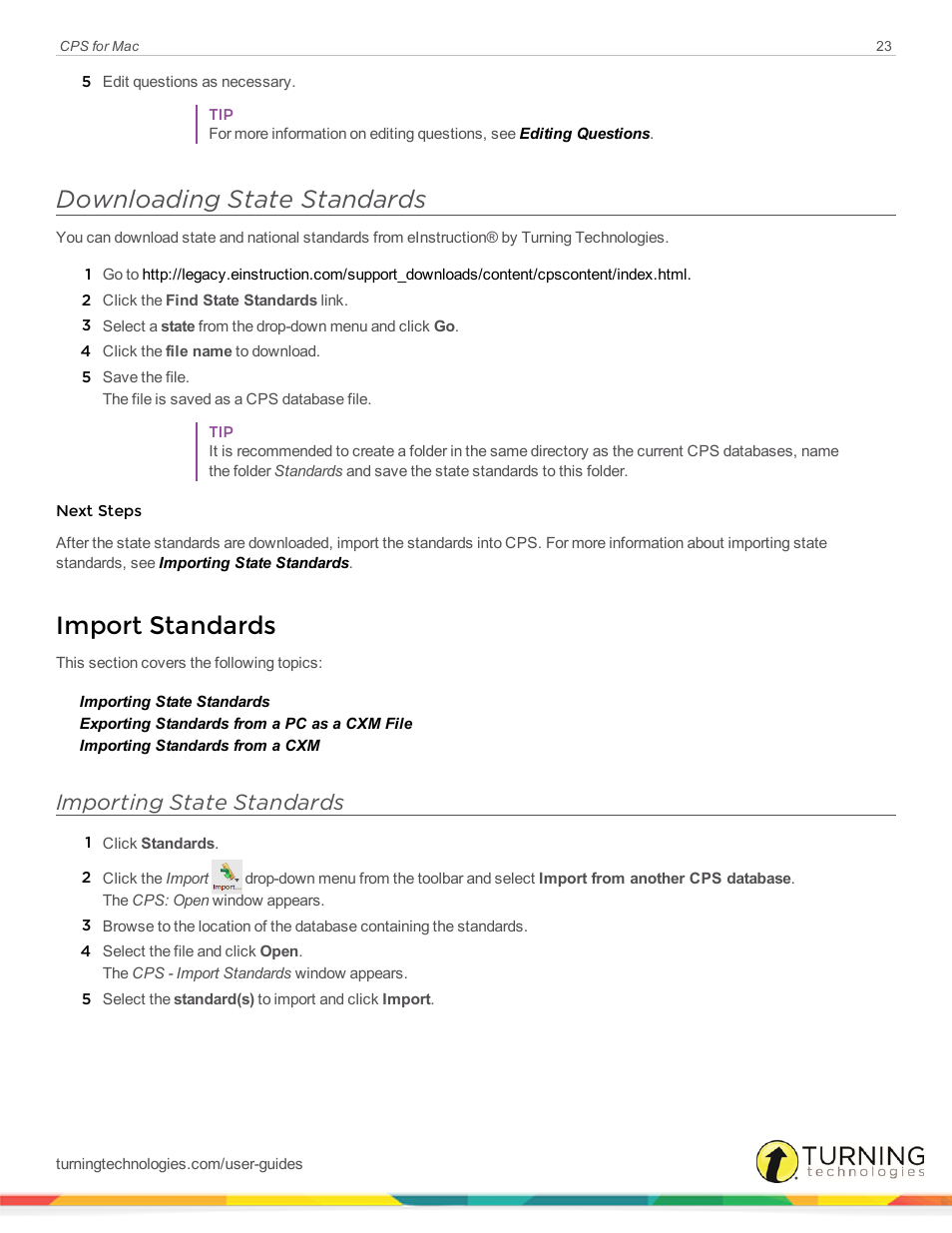 Downloading state standards, Import standards, Importing state standards | Turning Technologies CPS User Manual | Page 23 / 79