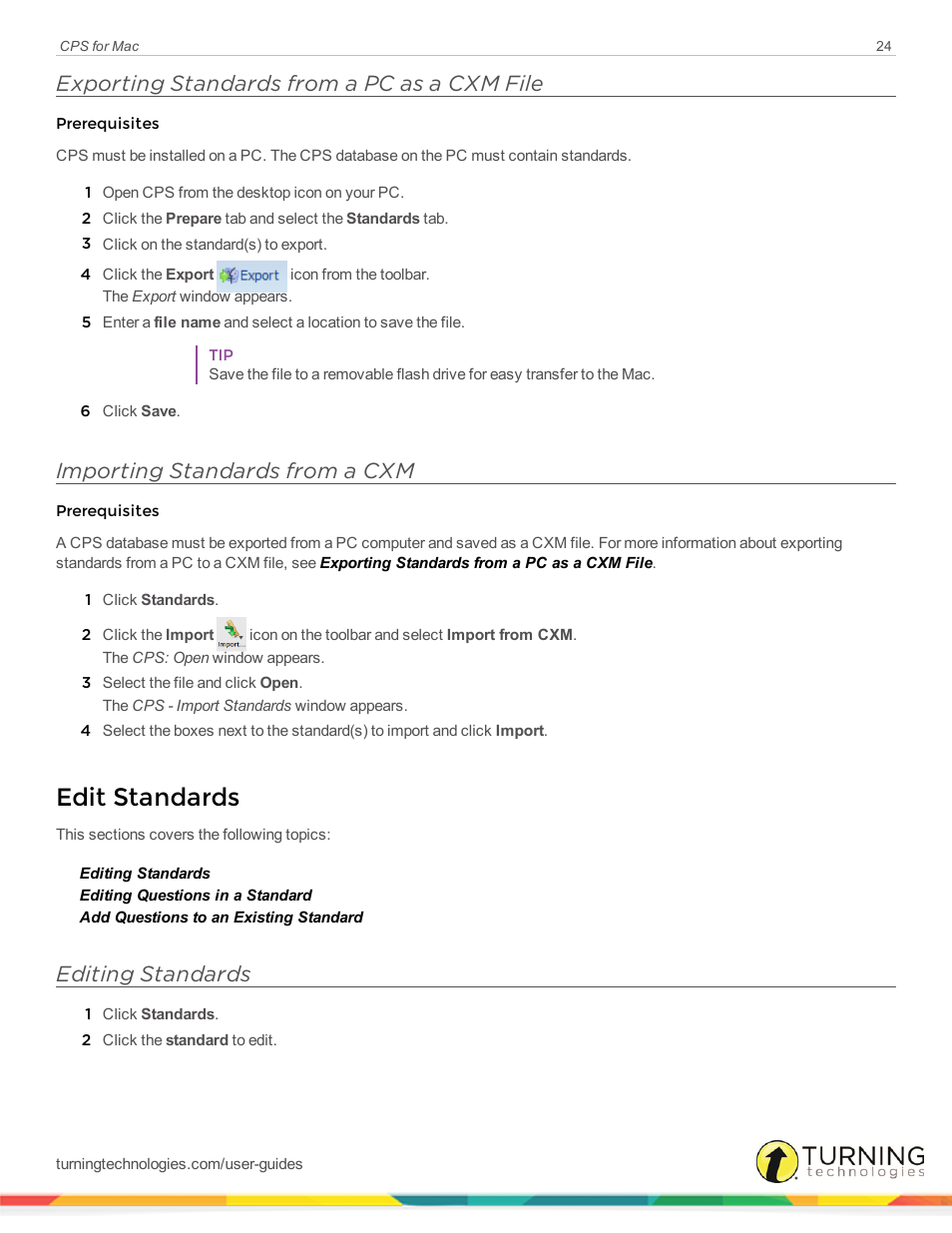 Exporting standards from a pc as a cxm file, Importing standards from a cxm, Edit standards | Editing standards | Turning Technologies CPS User Manual | Page 24 / 79