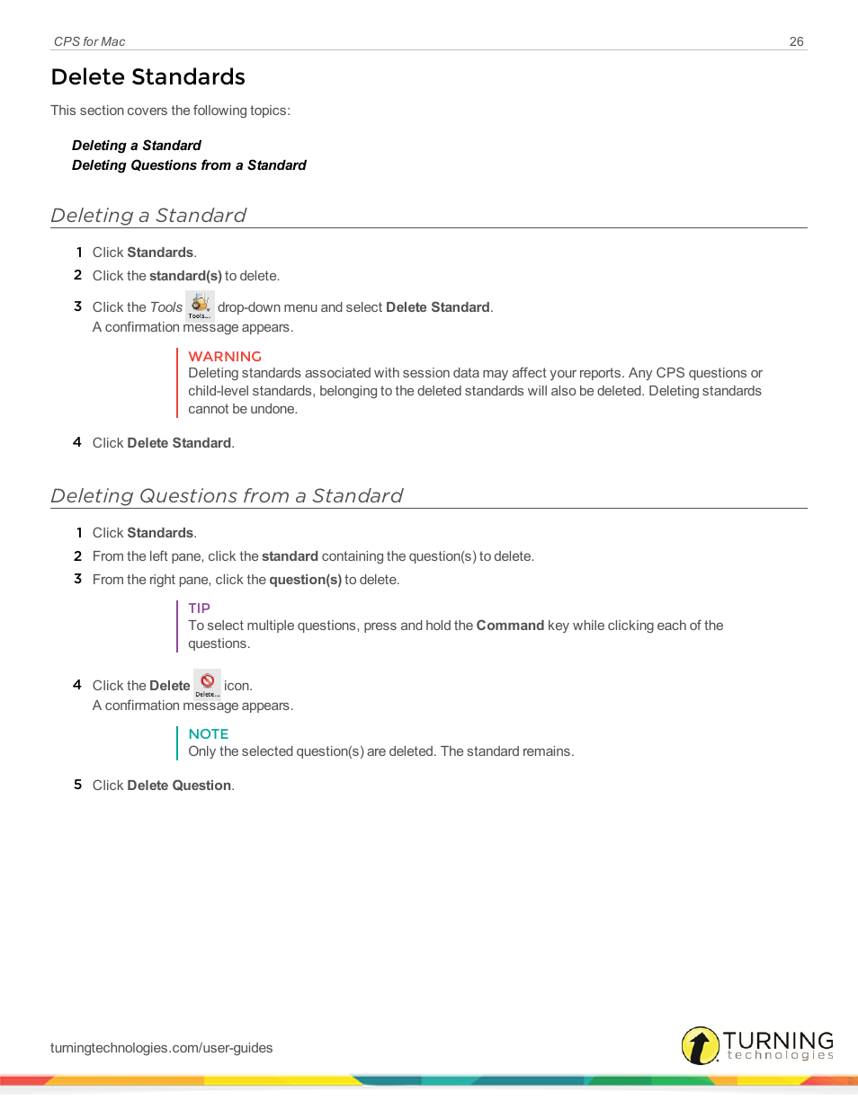 Delete standards, Deleting a standard, Deleting questions from a standard | Turning Technologies CPS User Manual | Page 26 / 79