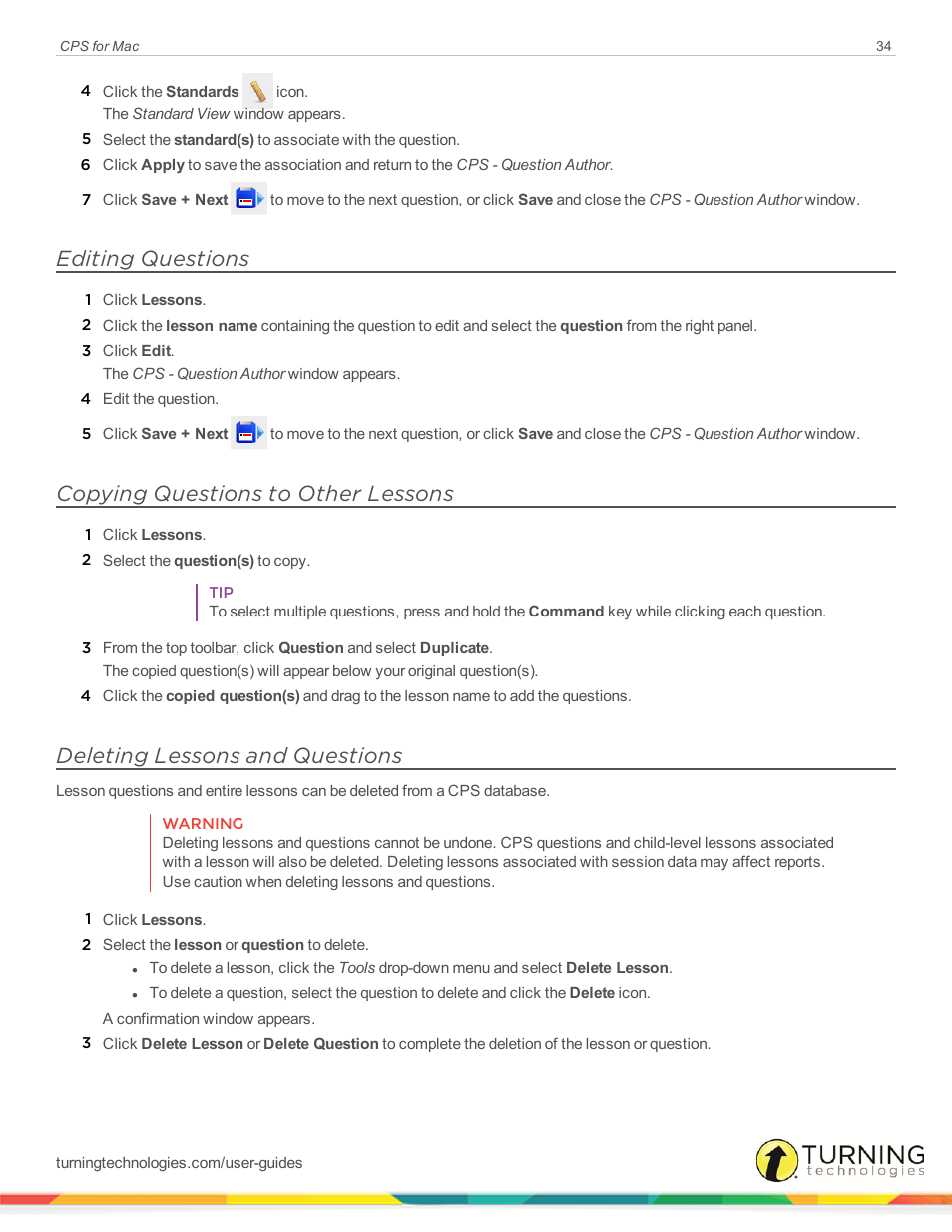 Editing questions, Copying questions to other lessons, Deleting lessons and questions | Turning Technologies CPS User Manual | Page 34 / 79