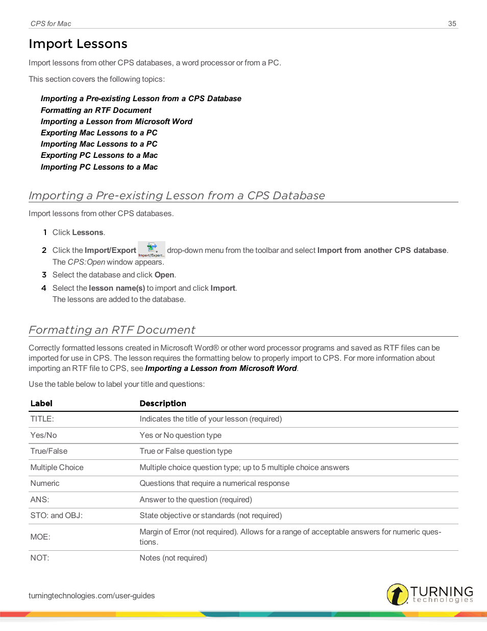 Import lessons, Formatting an rtf document | Turning Technologies CPS User Manual | Page 35 / 79