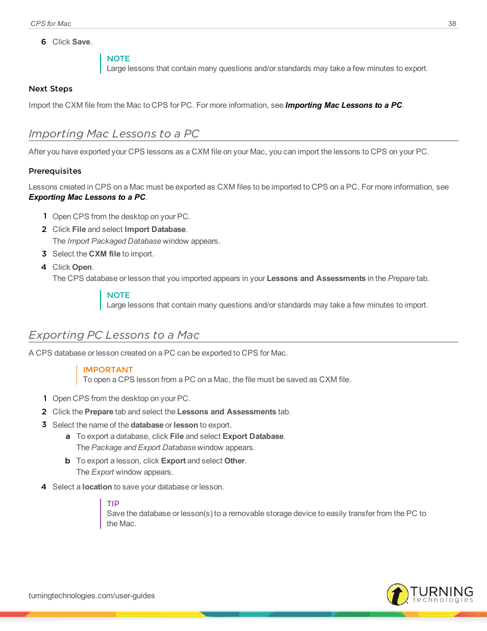 Importing mac lessons to a pc, Exporting pc lessons to a mac | Turning Technologies CPS User Manual | Page 38 / 79