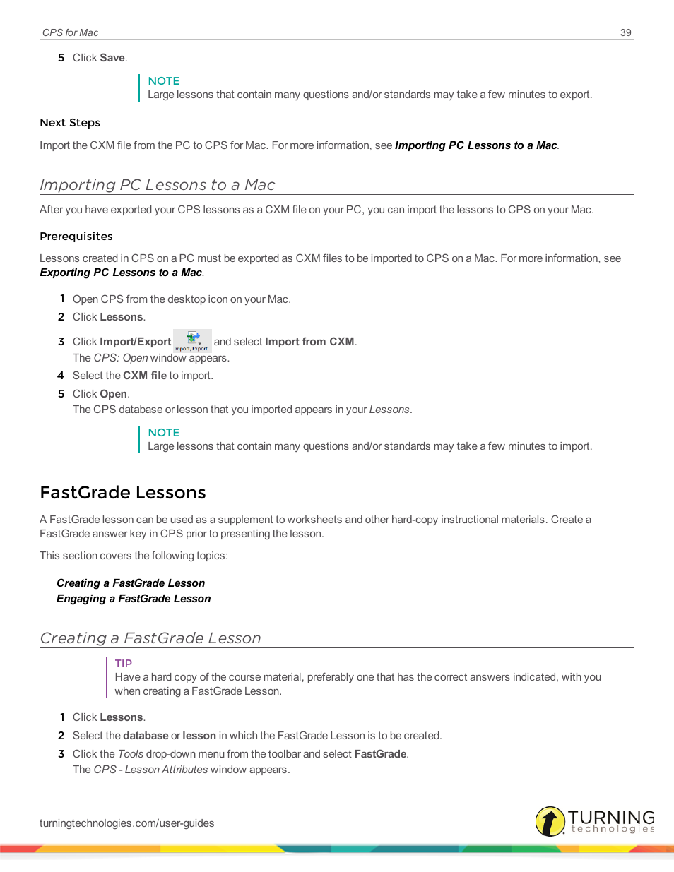 Importing pc lessons to a mac, Fastgrade lessons, Creating a fastgrade lesson | Turning Technologies CPS User Manual | Page 39 / 79