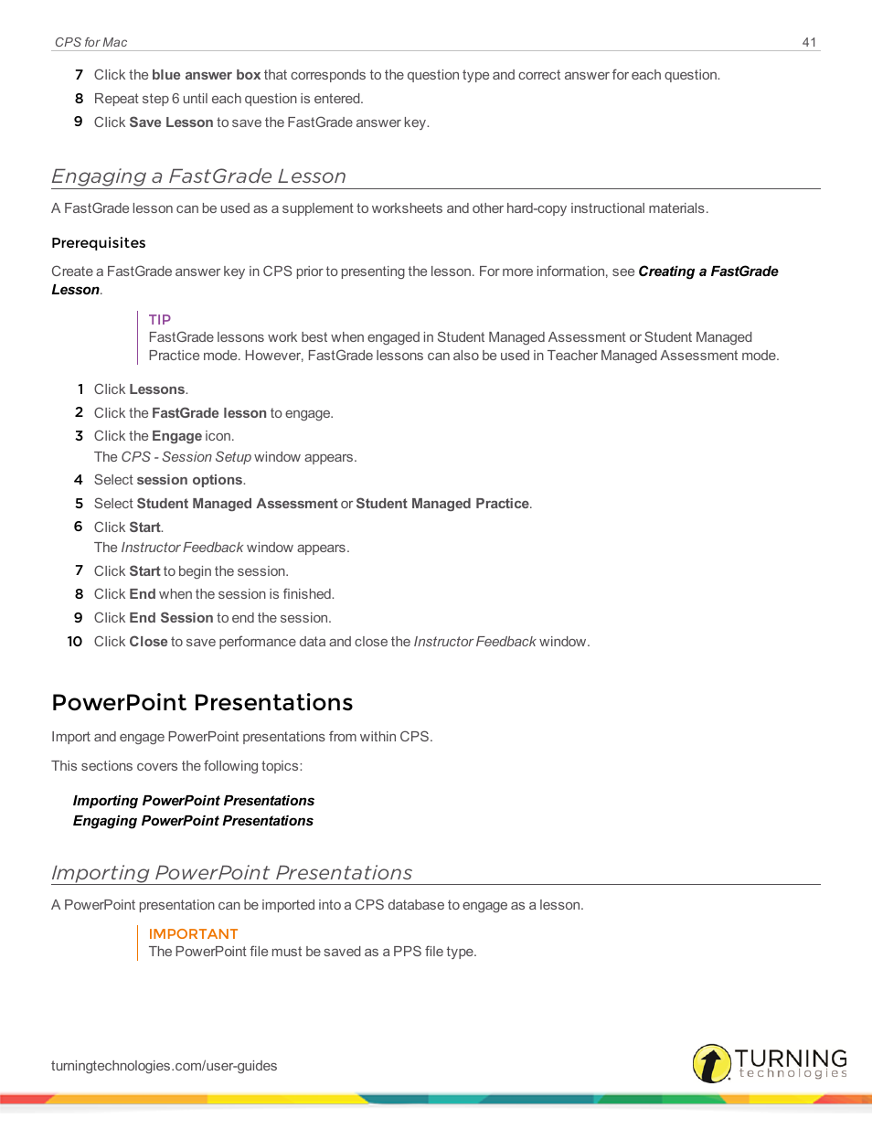 Engaging a fastgrade lesson, Powerpoint presentations, Importing powerpoint presentations | Turning Technologies CPS User Manual | Page 41 / 79