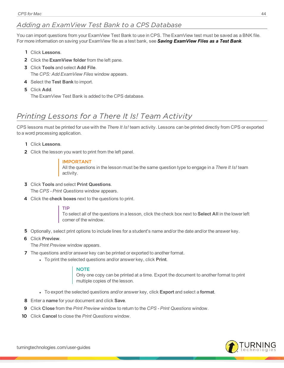 Adding an examview test bank to a cps database, Printing lessons for a there it is! team activity | Turning Technologies CPS User Manual | Page 44 / 79