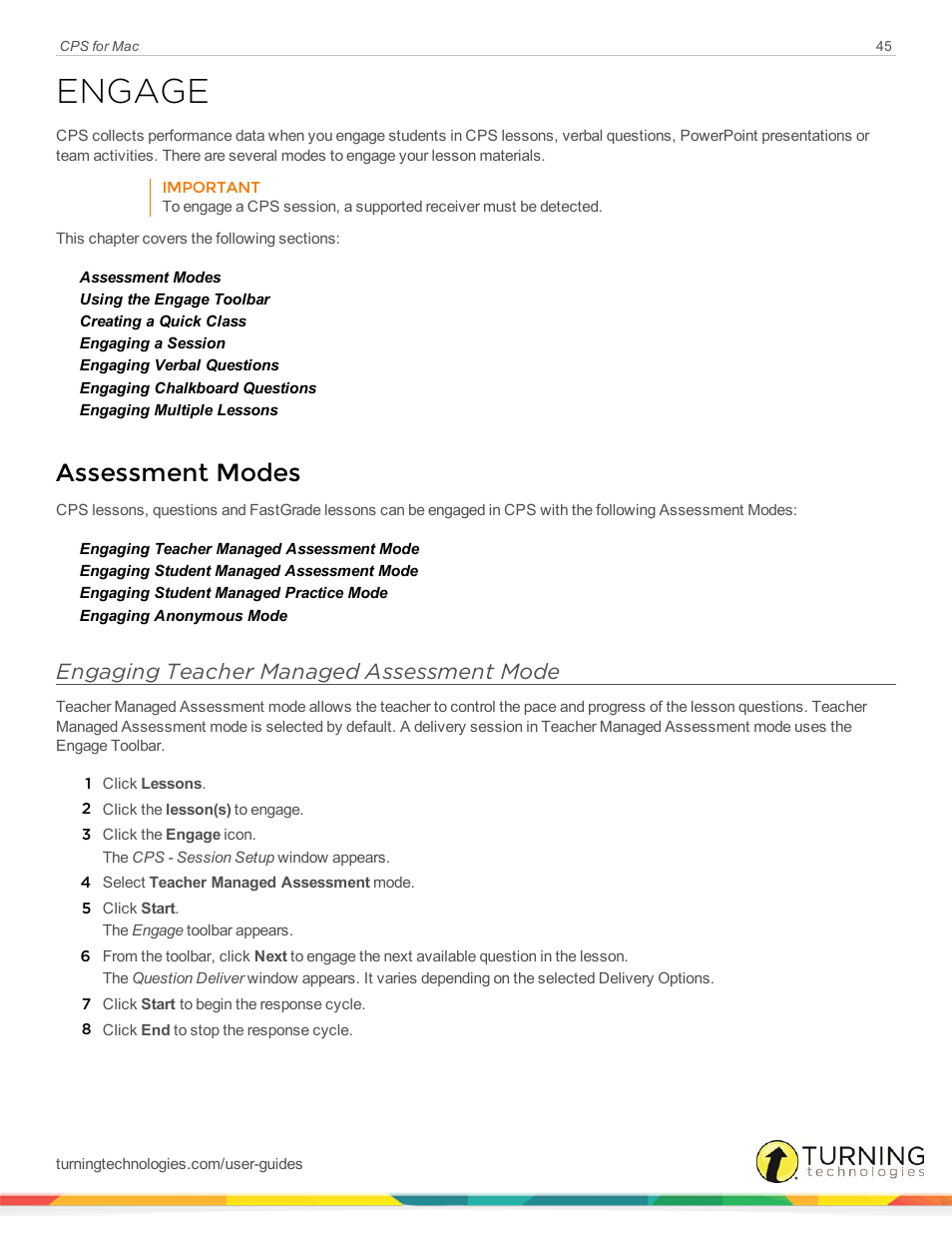 Engage, Assessment modes, Engaging teacher managed assessment mode | Turning Technologies CPS User Manual | Page 45 / 79