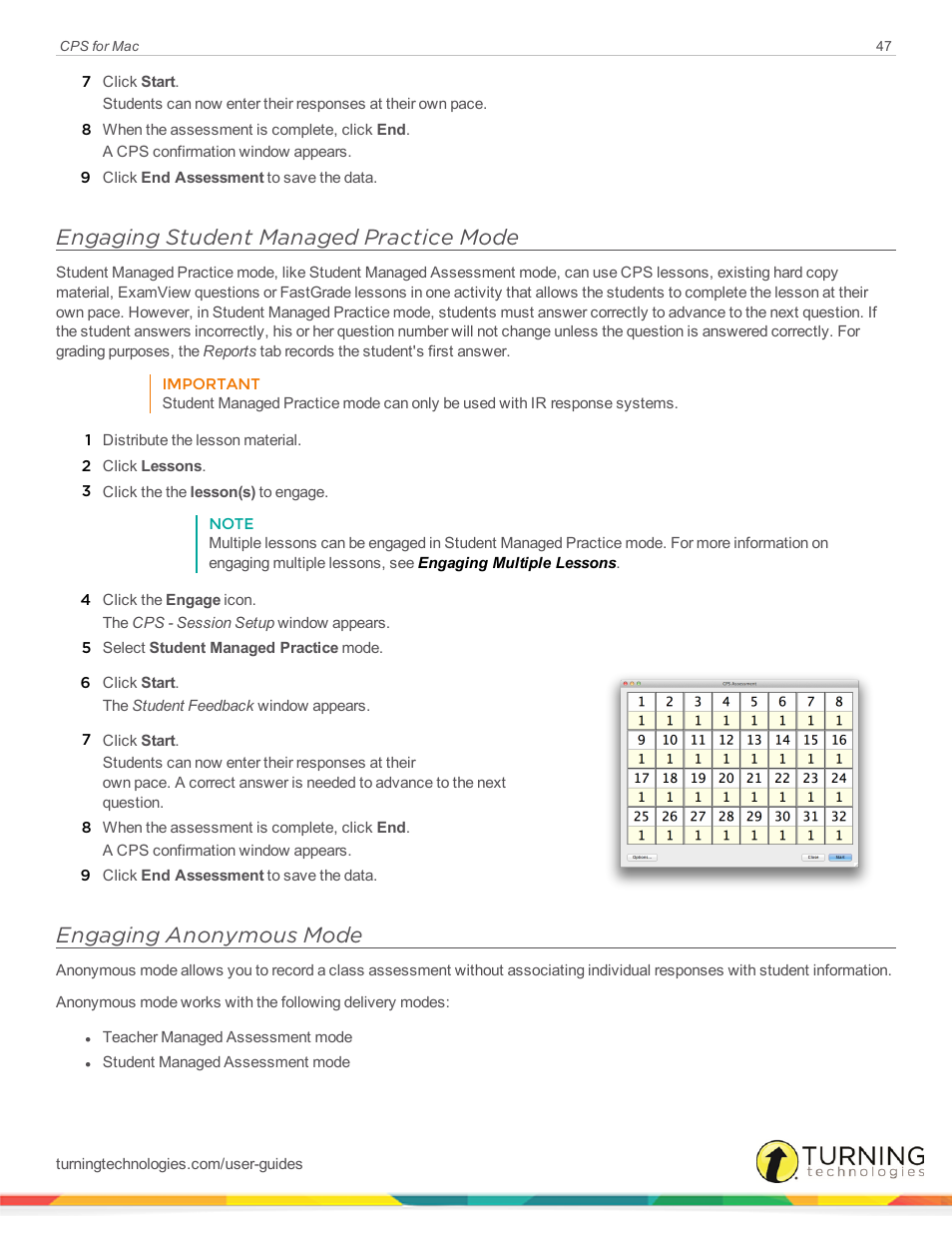 Engaging student managed practice mode, Engaging anonymous mode | Turning Technologies CPS User Manual | Page 47 / 79