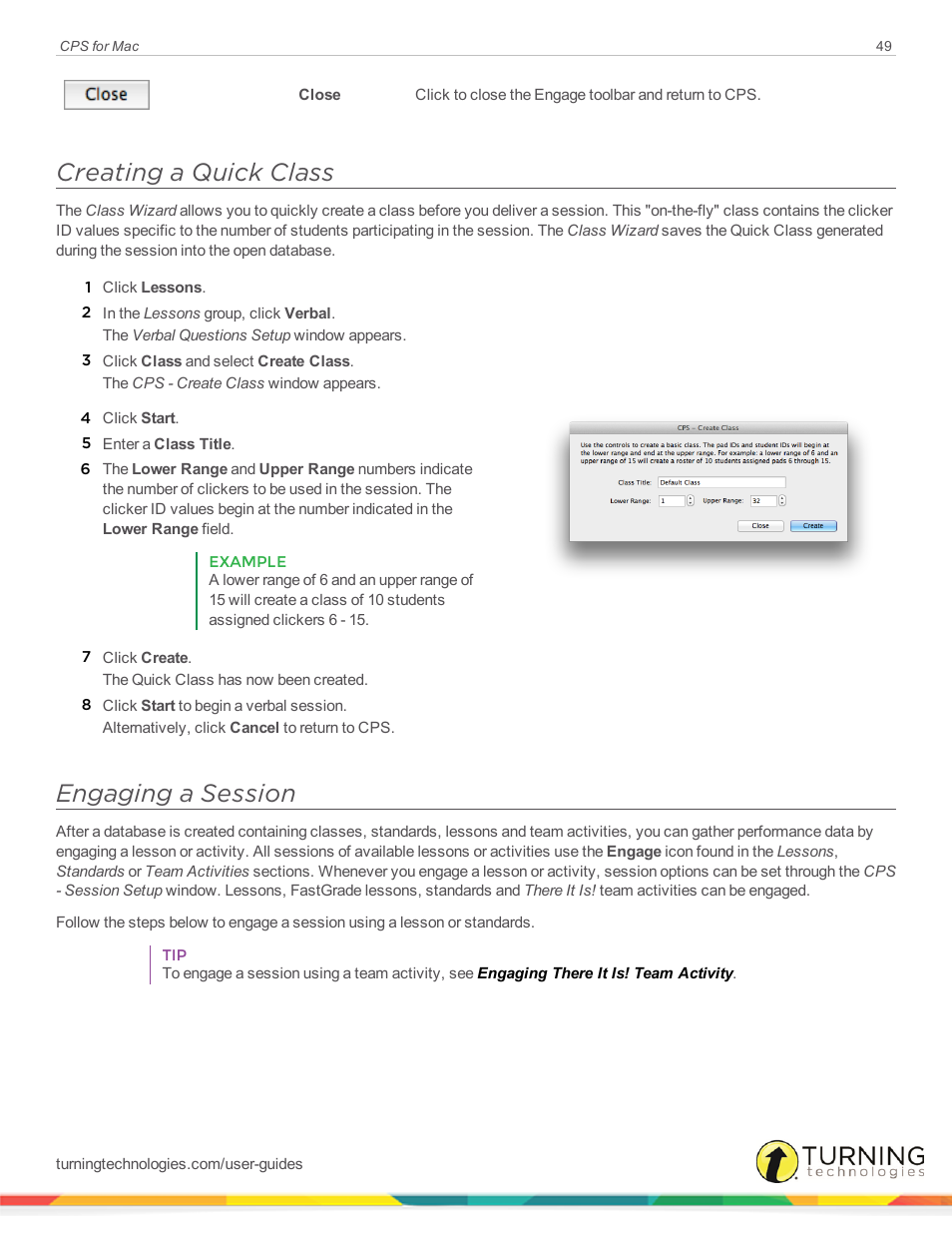 Creating a quick class, Engaging a session | Turning Technologies CPS User Manual | Page 49 / 79