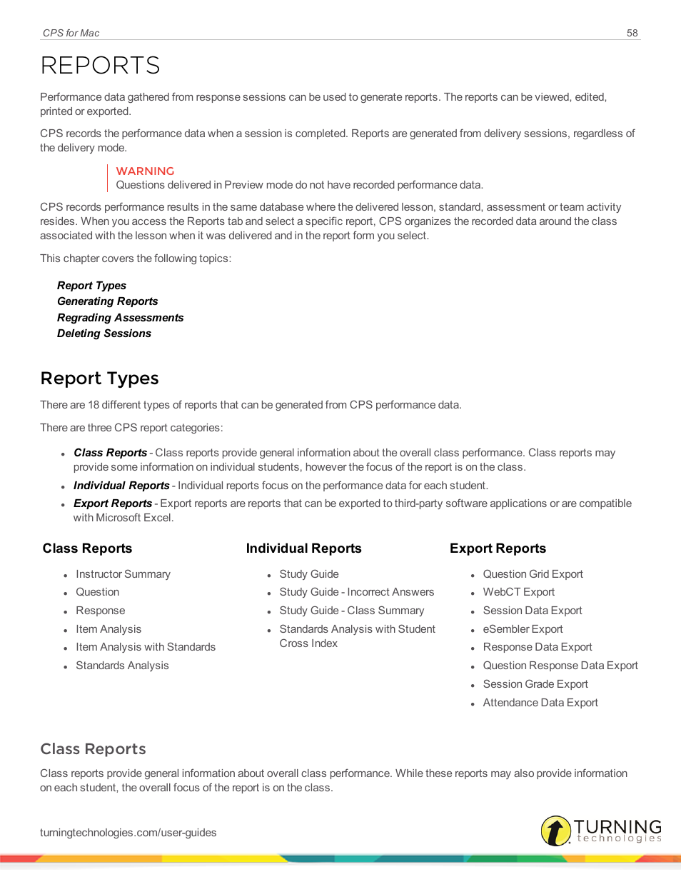 Reports, Report types, Class reports | Class reports individual reports export reports | Turning Technologies CPS User Manual | Page 58 / 79