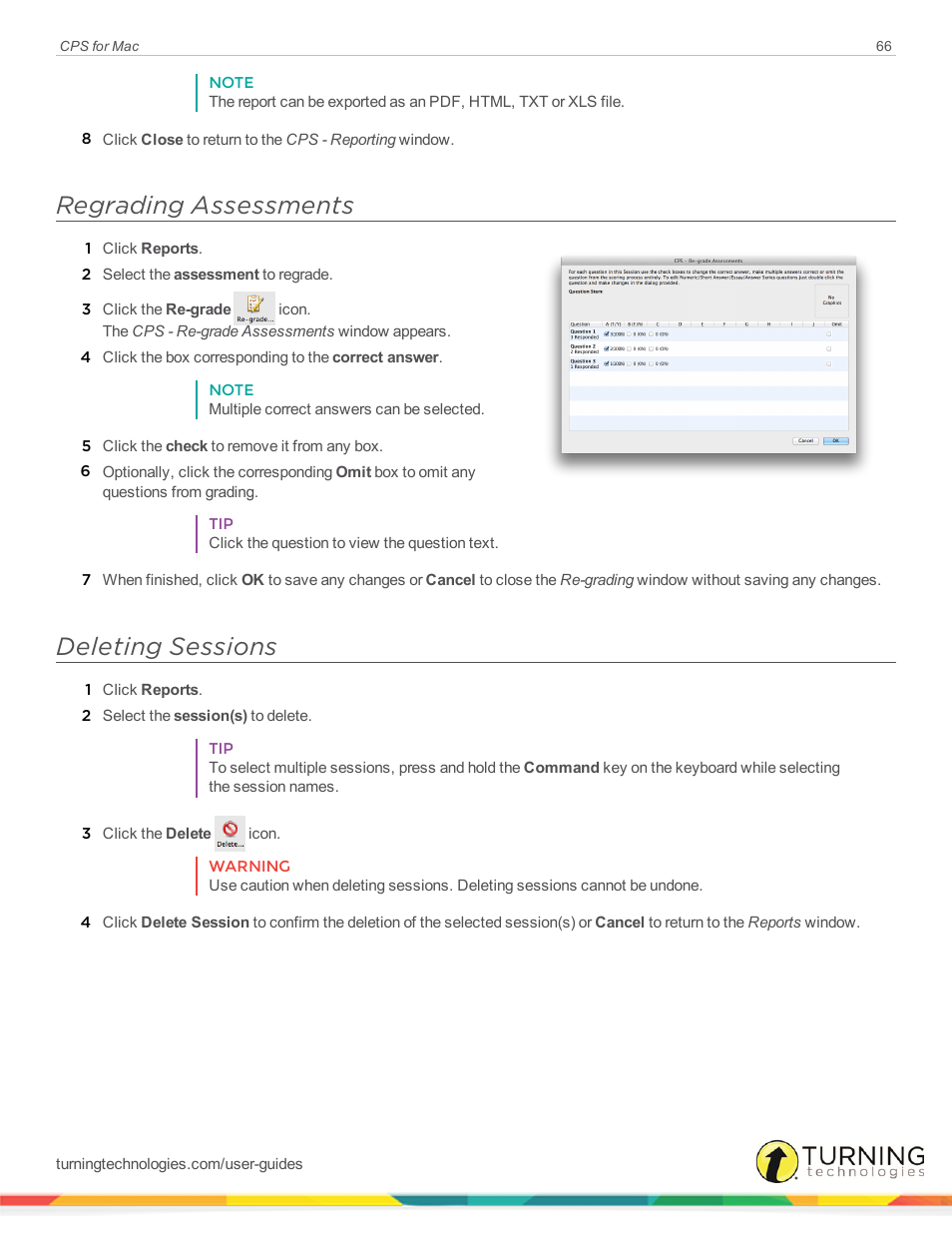 Regrading assessments, Deleting sessions | Turning Technologies CPS User Manual | Page 66 / 79