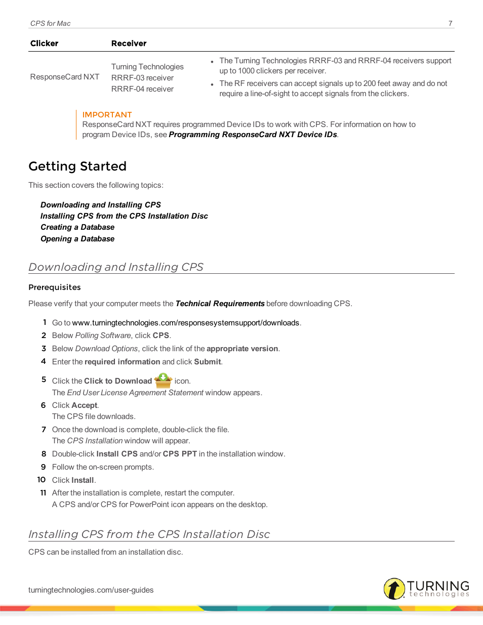 Getting started, Downloading and installing cps, Installing cps from the cps installation disc | Turning Technologies CPS User Manual | Page 7 / 79