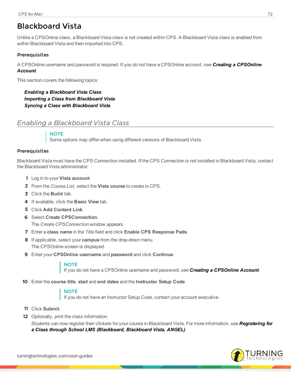 Blackboard vista, Enabling a blackboard vista class | Turning Technologies CPS User Manual | Page 72 / 79