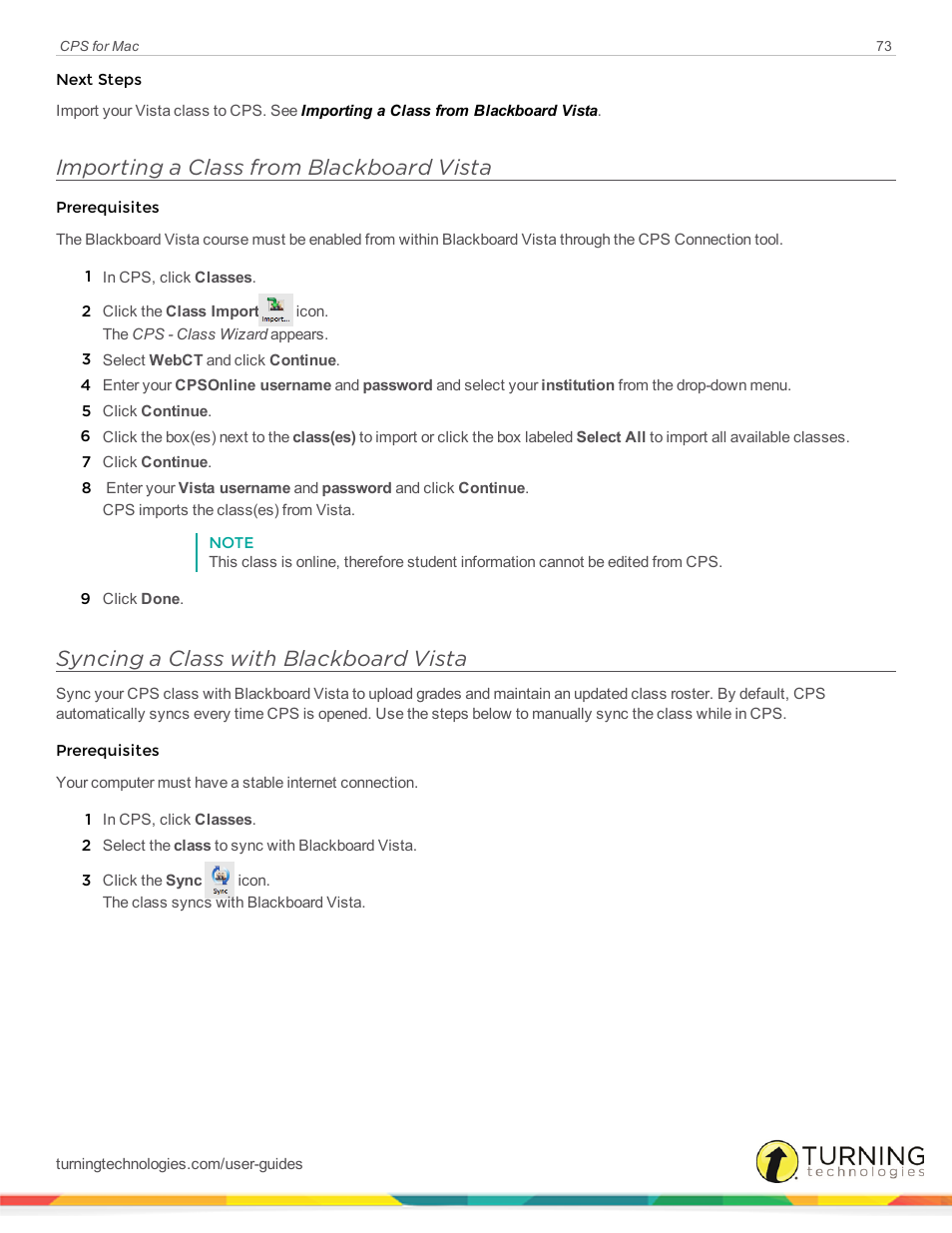 Importing a class from blackboard vista, Syncing a class with blackboard vista | Turning Technologies CPS User Manual | Page 73 / 79