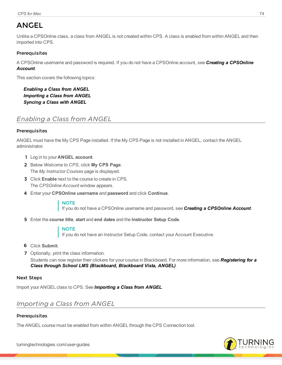 Angel, Enabling a class from angel, Importing a class from angel | Turning Technologies CPS User Manual | Page 74 / 79