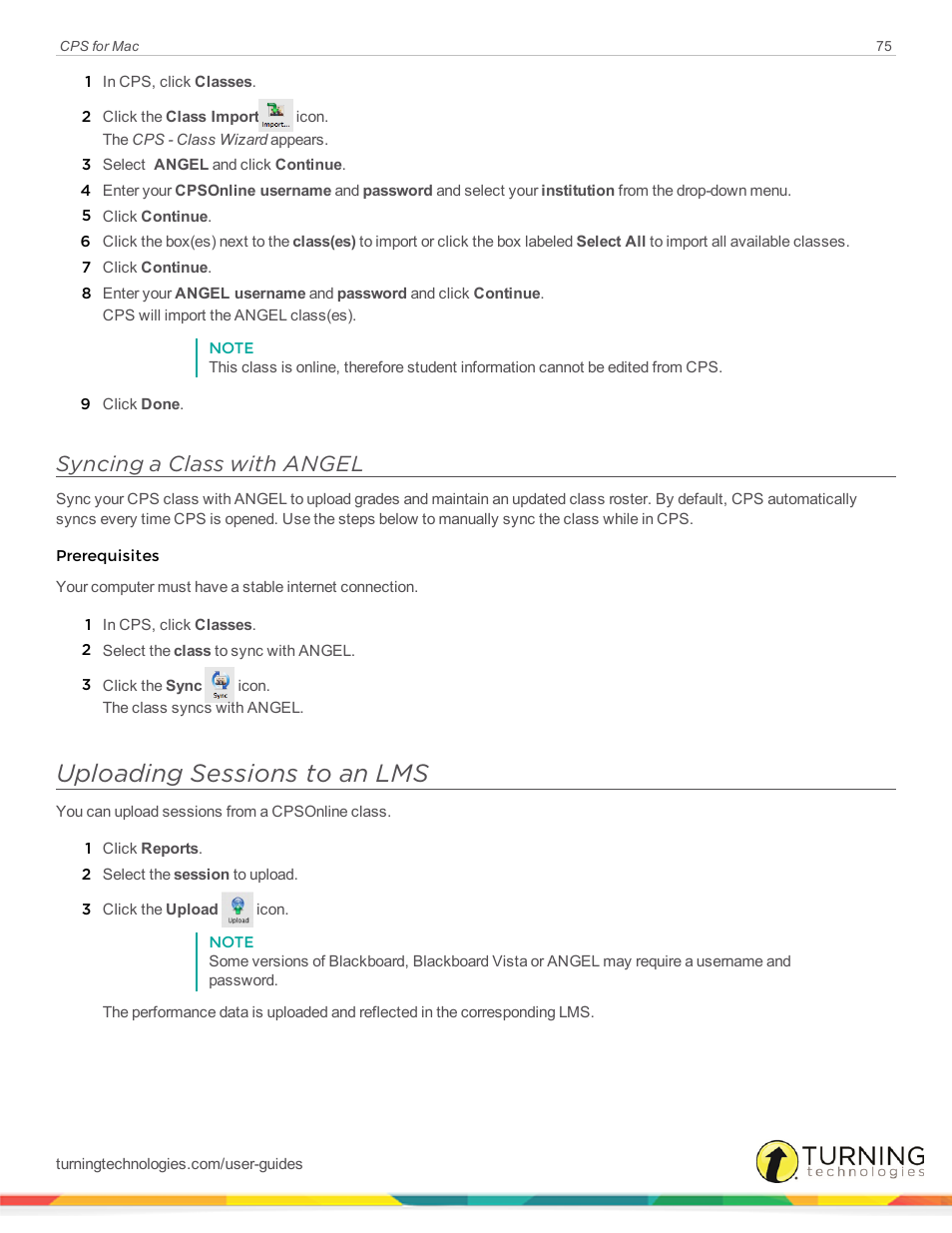 Syncing a class with angel, Uploading sessions to an lms | Turning Technologies CPS User Manual | Page 75 / 79