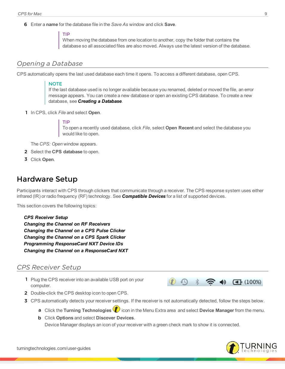 Opening a database, Hardware setup, Cps receiver setup | Turning Technologies CPS User Manual | Page 9 / 79