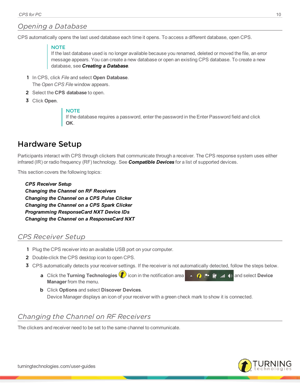 Opening a database, Hardware setup, Cps receiver setup | Changing the channel on rf receivers | Turning Technologies CPS User Manual | Page 10 / 106