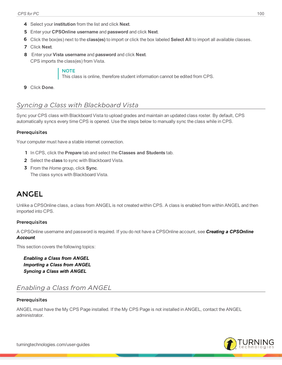 Syncing a class with blackboard vista, Angel, Enabling a class from angel | Turning Technologies CPS User Manual | Page 100 / 106
