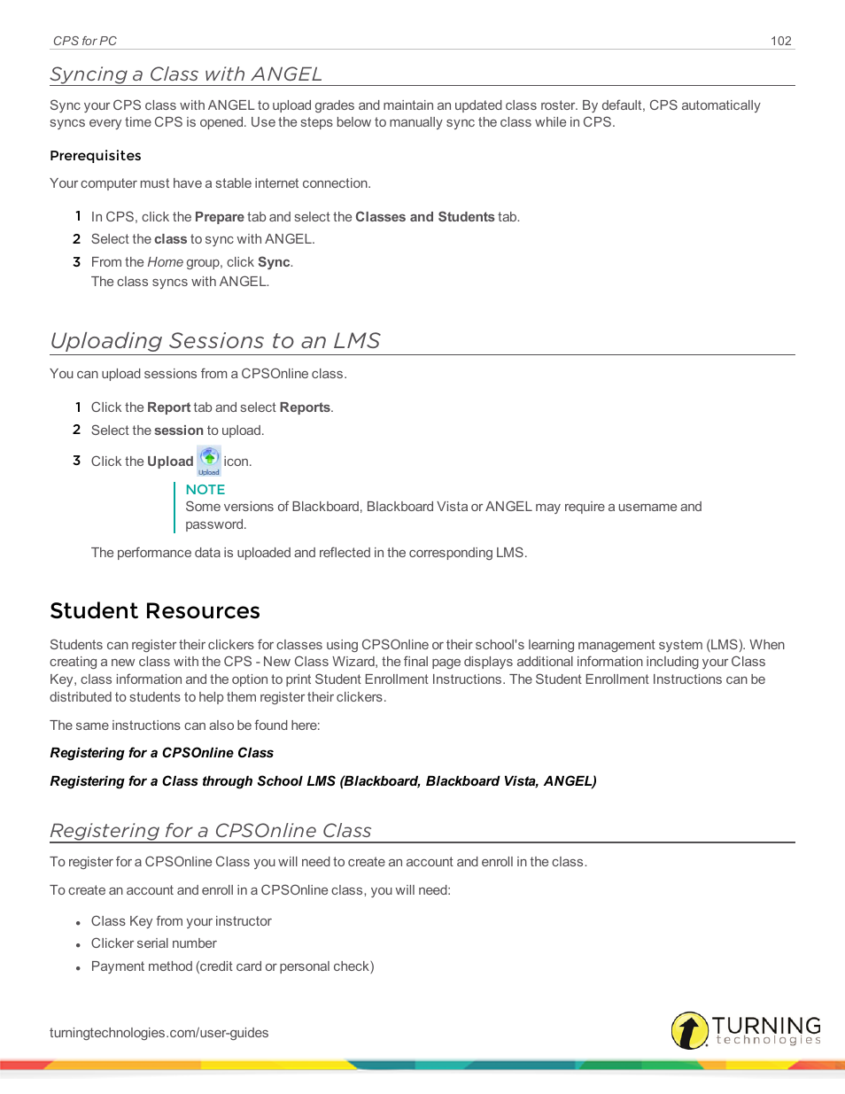 Syncing a class with angel, Uploading sessions to an lms, Student resources | Registering for a cpsonline class | Turning Technologies CPS User Manual | Page 102 / 106