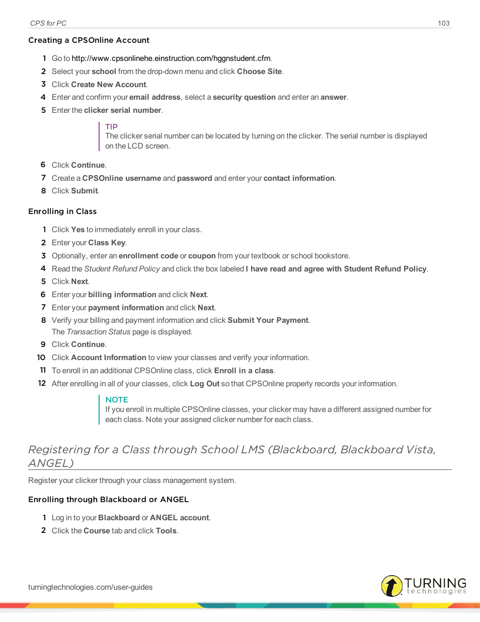 Registering for a, Registering for | Turning Technologies CPS User Manual | Page 103 / 106