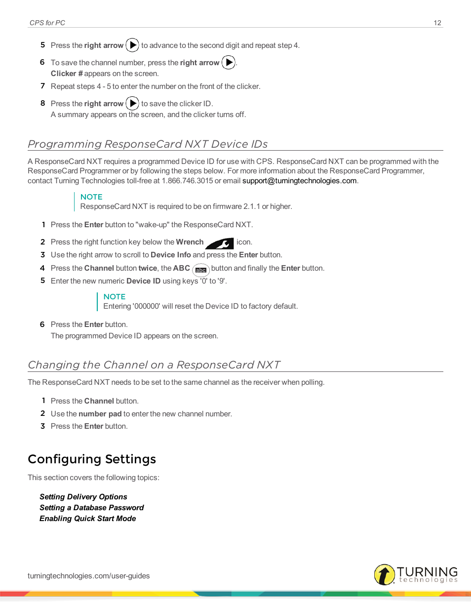 Programming responsecard nxt device ids, Changing the channel on a responsecard nxt, Configuring settings | Turning Technologies CPS User Manual | Page 12 / 106