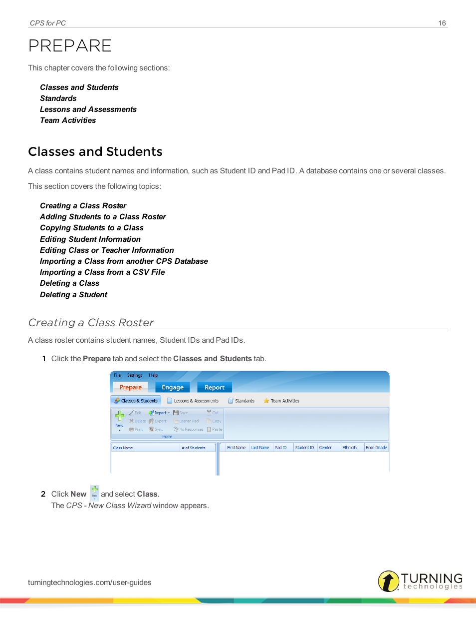Prepare, Classes and students, Creating a class roster | Turning Technologies CPS User Manual | Page 16 / 106