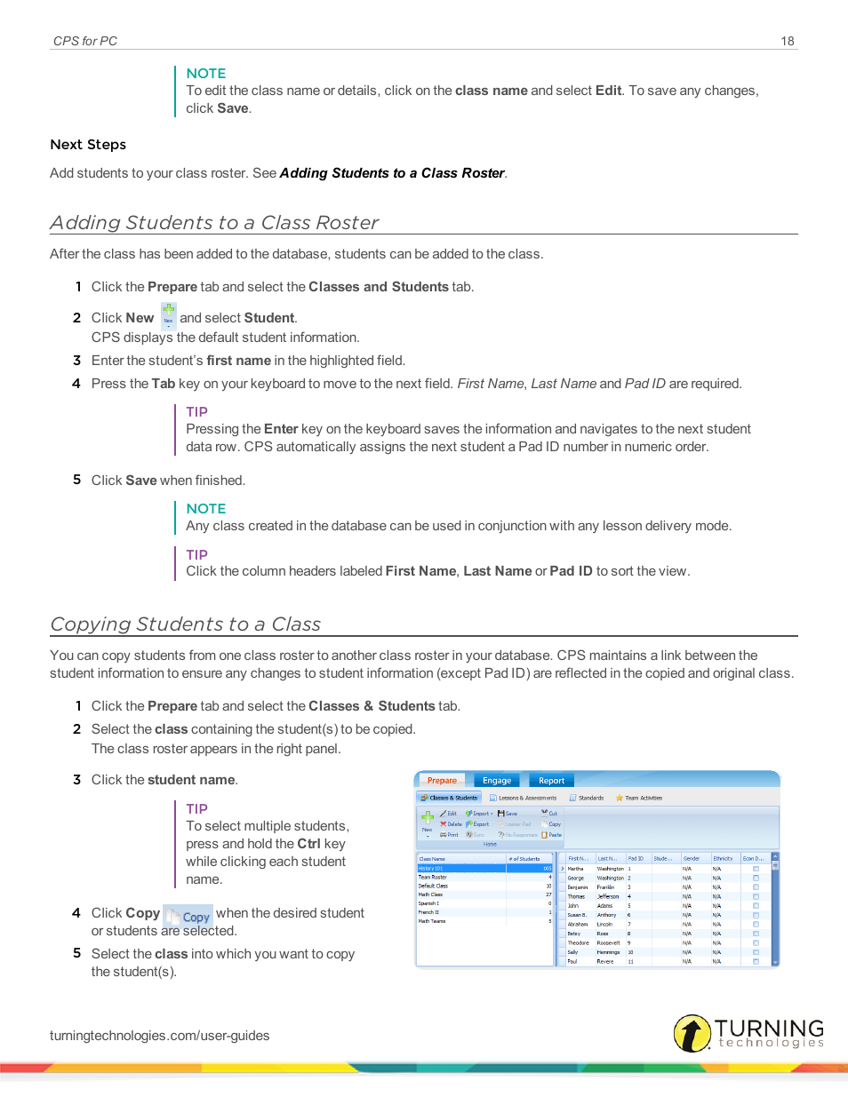Adding students to a class roster, Copying students to a class | Turning Technologies CPS User Manual | Page 18 / 106