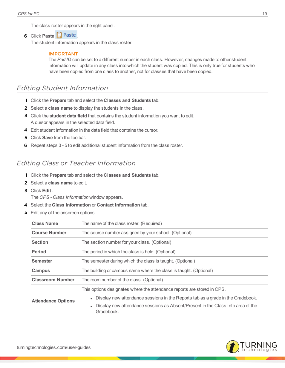 Editing student information, Editing class or teacher information | Turning Technologies CPS User Manual | Page 19 / 106