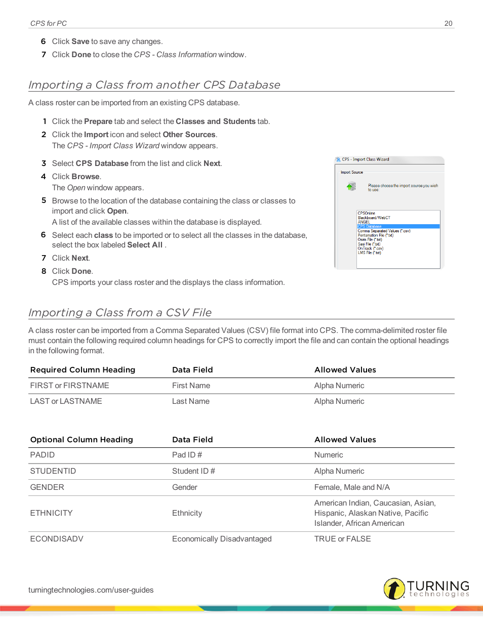 Importing a class from another cps database, Importing a class from a csv file | Turning Technologies CPS User Manual | Page 20 / 106