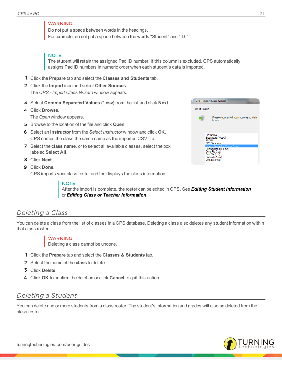 Deleting a class, Deleting a student | Turning Technologies CPS User Manual | Page 21 / 106