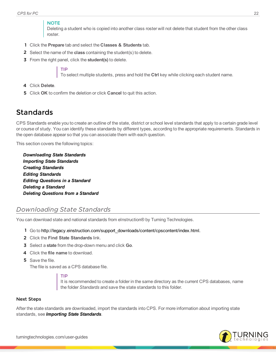 Standards, Downloading state standards | Turning Technologies CPS User Manual | Page 22 / 106