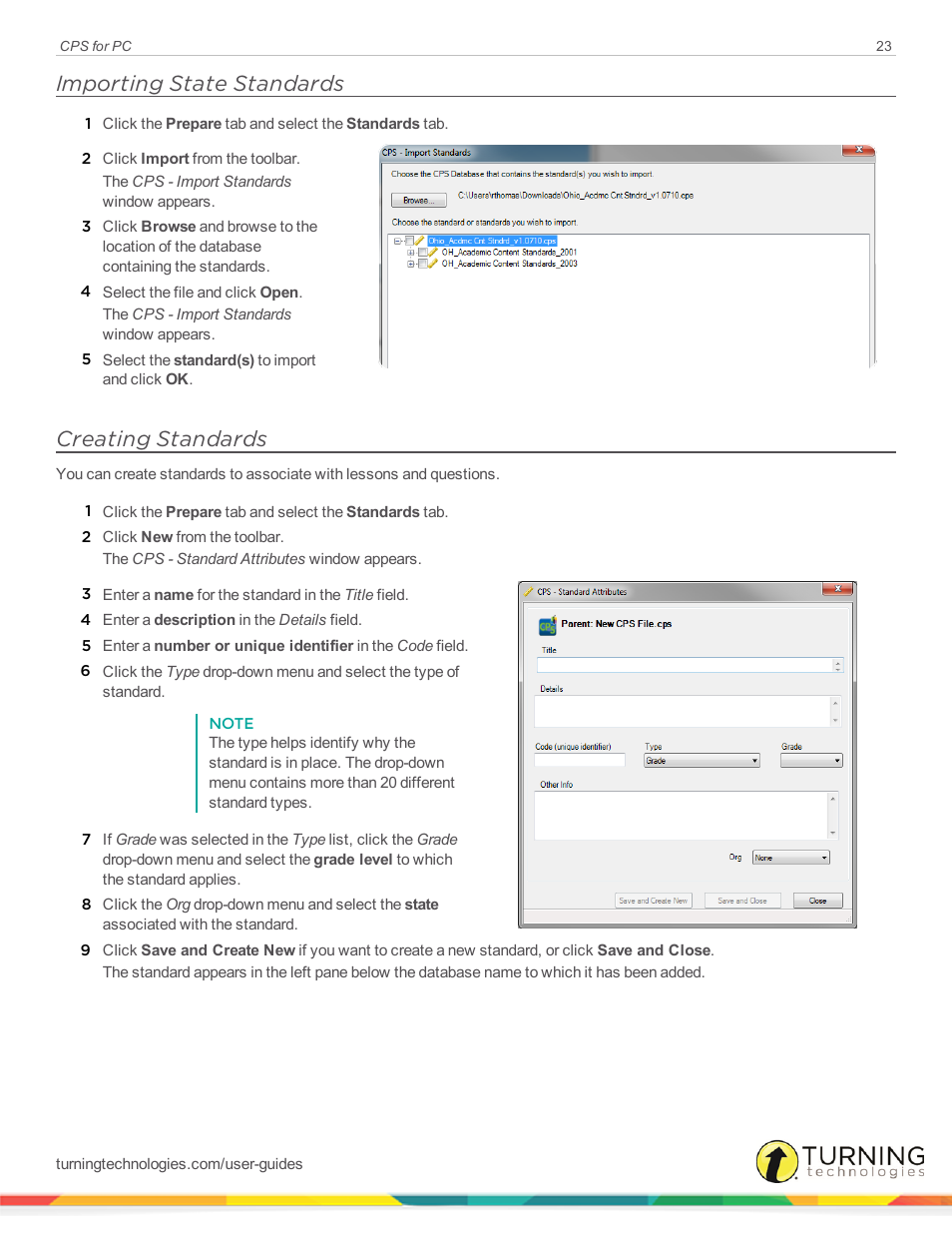 Importing state standards, Creating standards | Turning Technologies CPS User Manual | Page 23 / 106