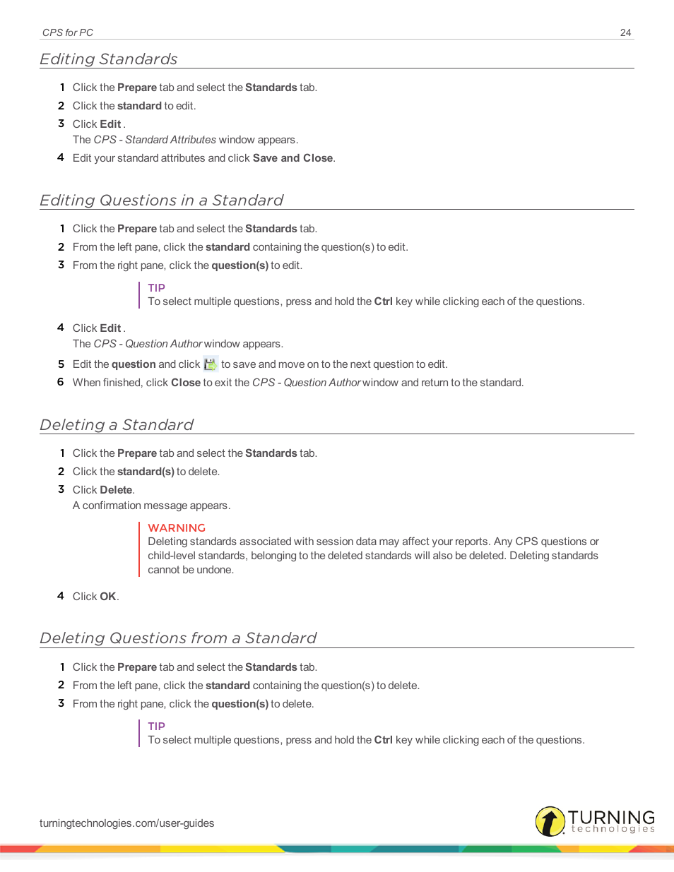 Editing standards, Editing questions in a standard, Deleting a standard | Deleting questions from a standard | Turning Technologies CPS User Manual | Page 24 / 106