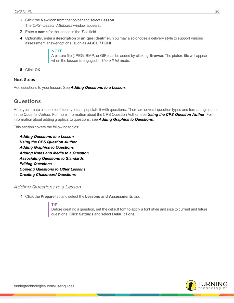 Questions, Adding questions to a lesson | Turning Technologies CPS User Manual | Page 26 / 106