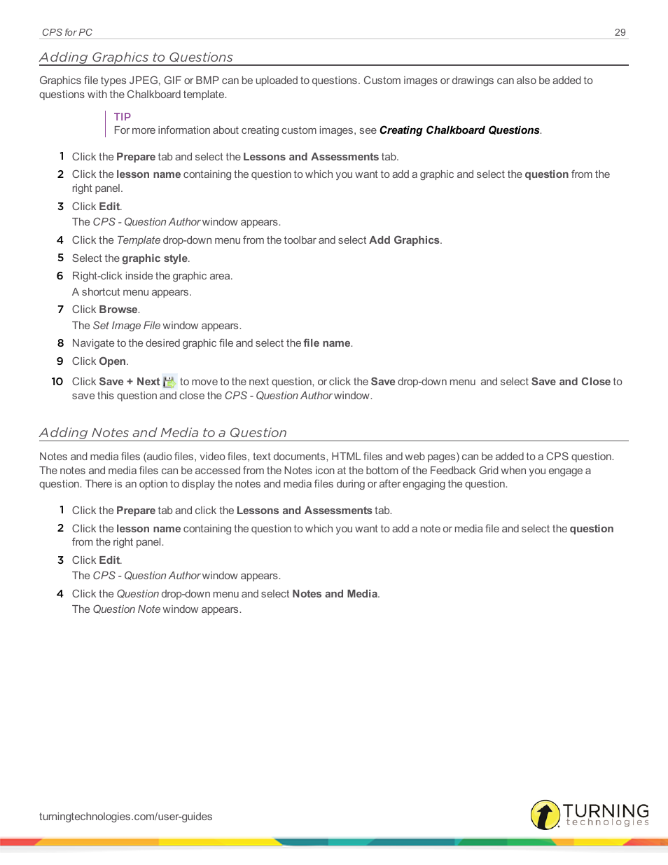 Adding graphics to questions, Adding notes and media to a question | Turning Technologies CPS User Manual | Page 29 / 106