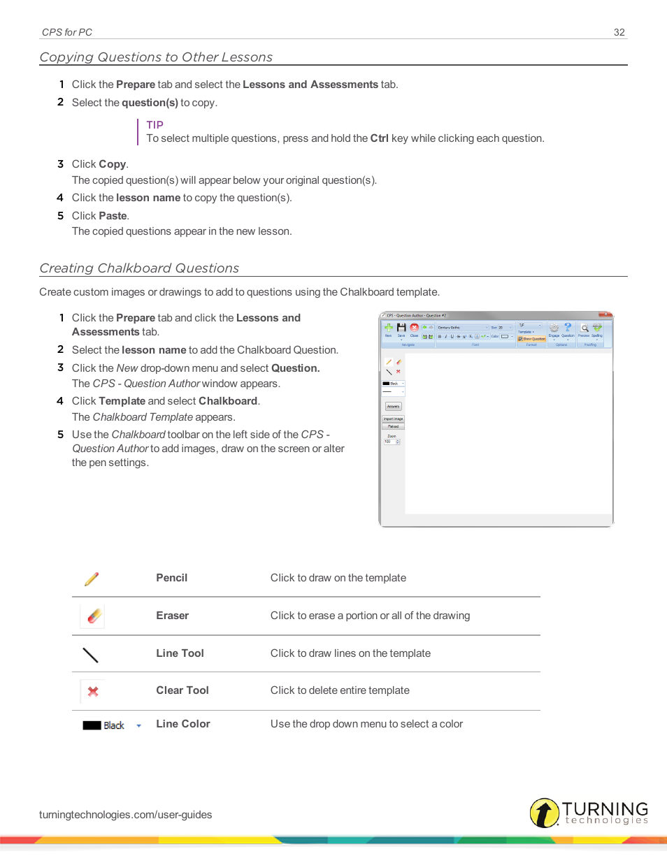 Copying questions to other lessons, Creating chalkboard questions | Turning Technologies CPS User Manual | Page 32 / 106