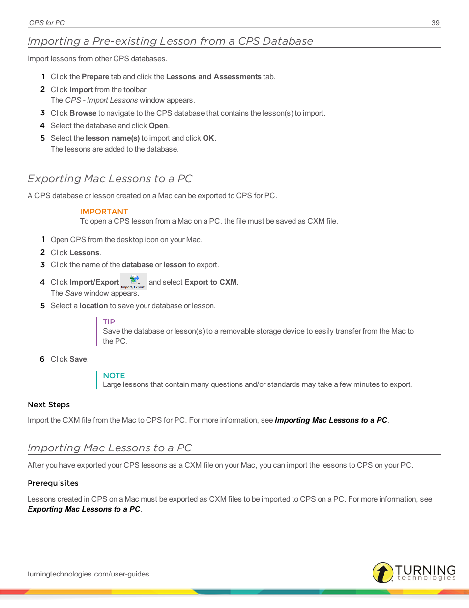 Exporting mac lessons to a pc, Importing mac lessons to a pc | Turning Technologies CPS User Manual | Page 39 / 106