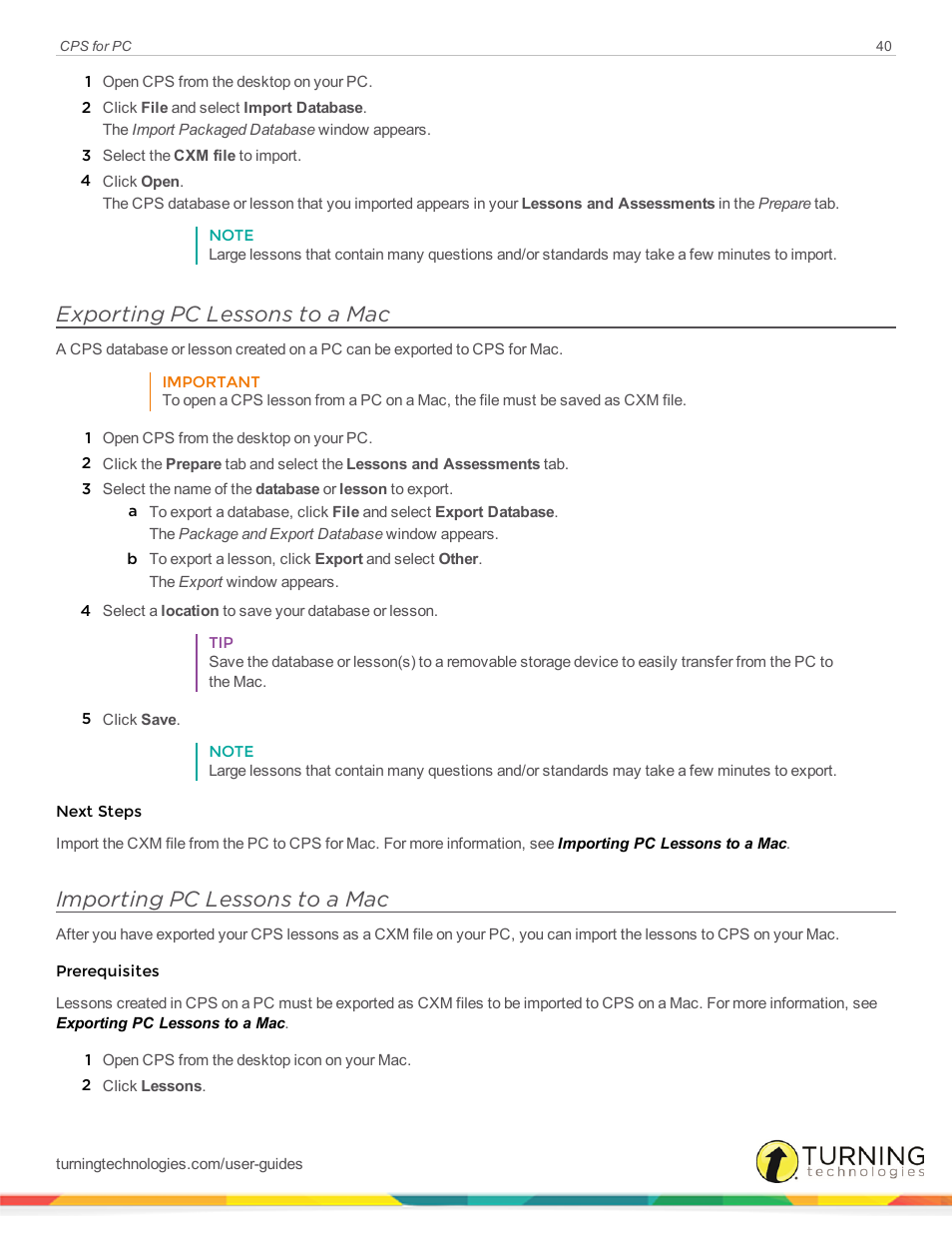 Exporting pc lessons to a mac, Importing pc lessons to a mac | Turning Technologies CPS User Manual | Page 40 / 106