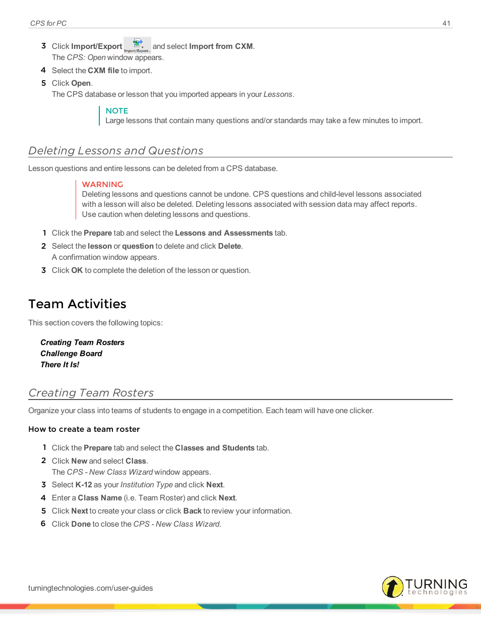Deleting lessons and questions, Team activities, Creating team rosters | Turning Technologies CPS User Manual | Page 41 / 106
