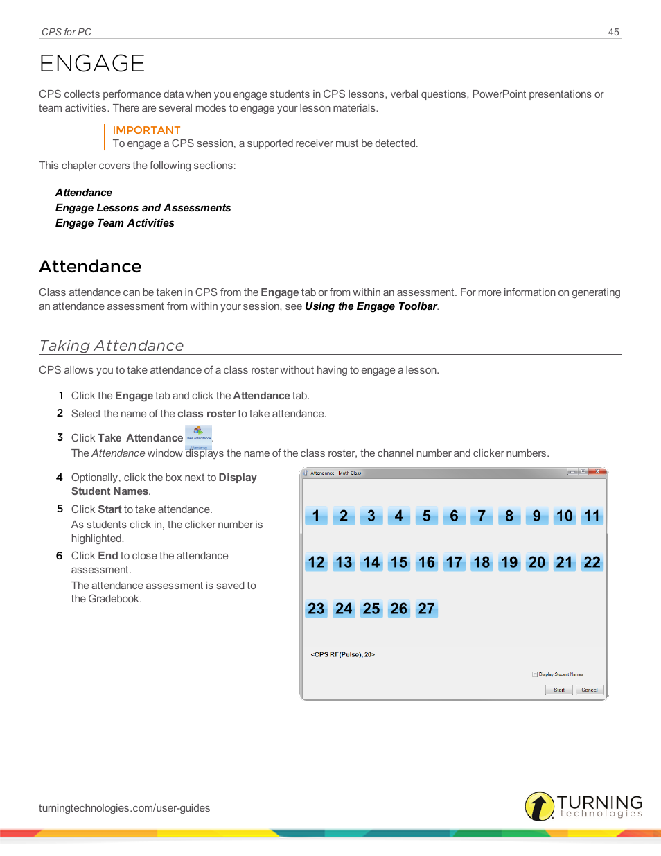 Engage, Attendance, Taking attendance | Turning Technologies CPS User Manual | Page 45 / 106