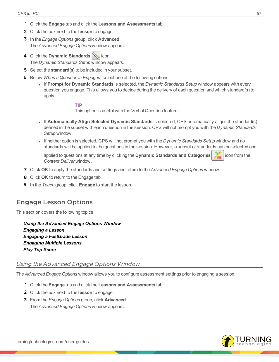 Engage lesson options, Using the advanced engage options window | Turning Technologies CPS User Manual | Page 57 / 106