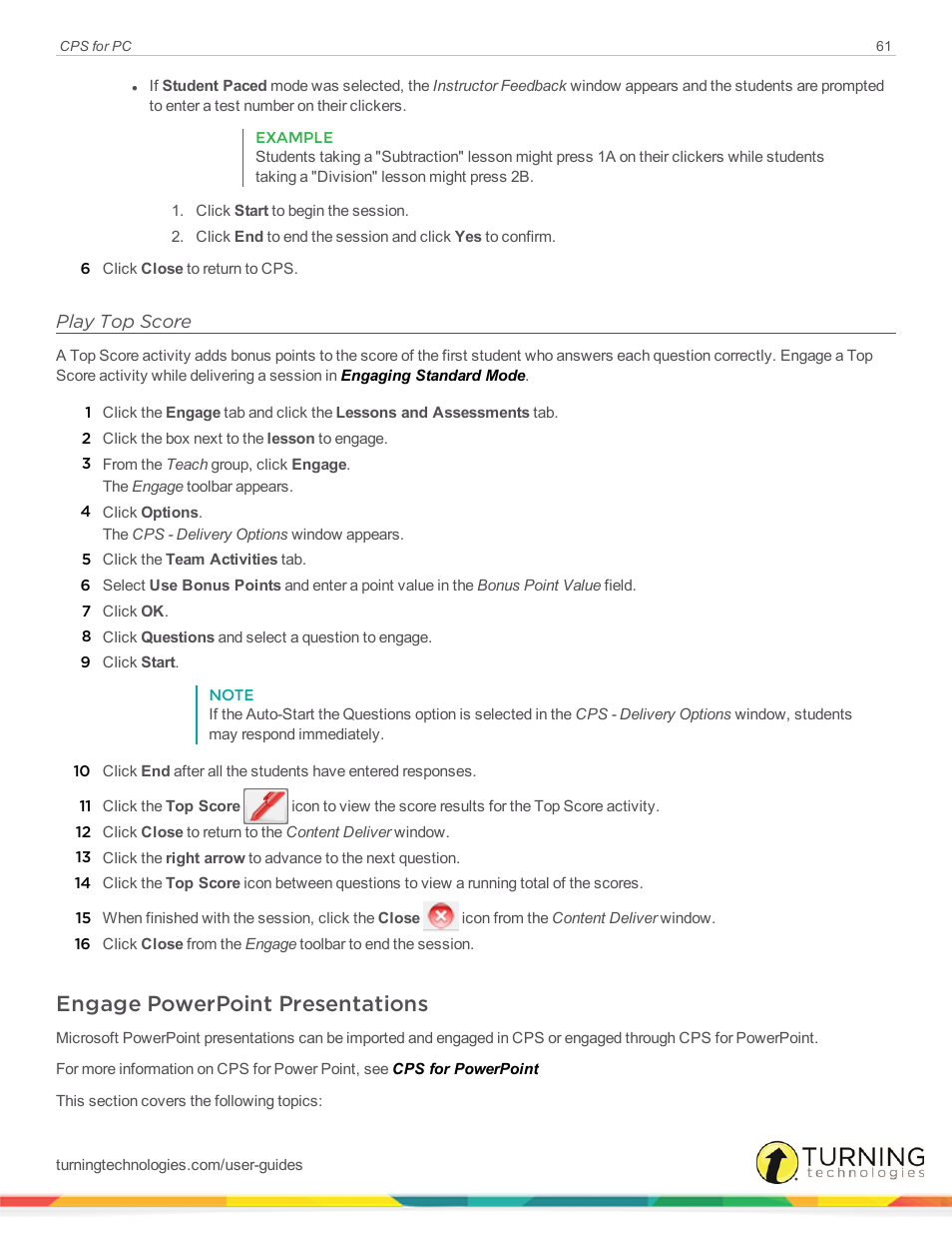 Play top score, Engage powerpoint presentations | Turning Technologies CPS User Manual | Page 61 / 106