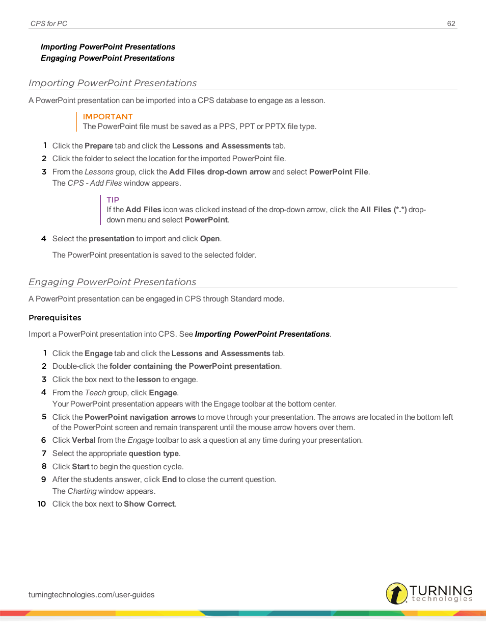 Importing powerpoint presentations, Engaging powerpoint presentations | Turning Technologies CPS User Manual | Page 62 / 106