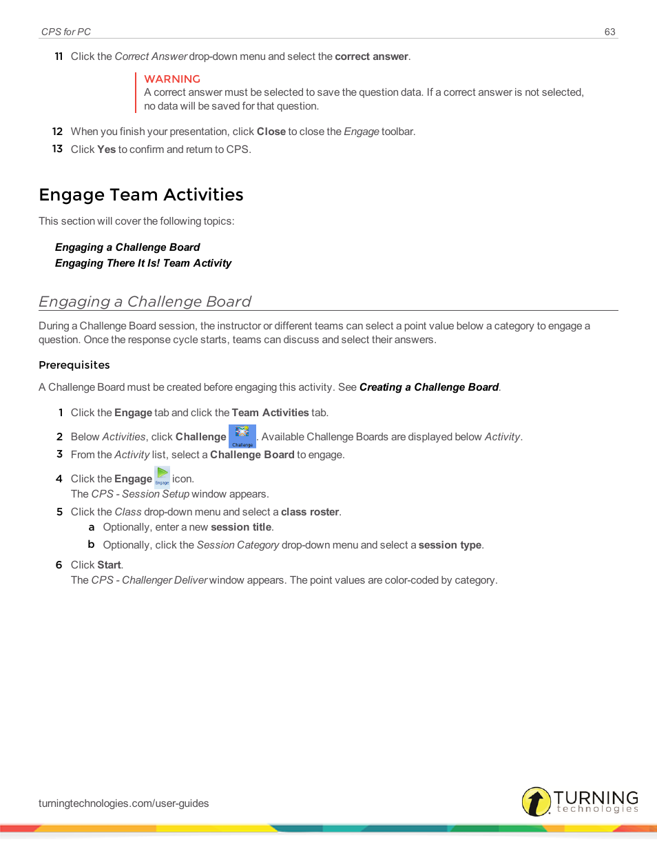 Engage team activities, Engaging a challenge board | Turning Technologies CPS User Manual | Page 63 / 106