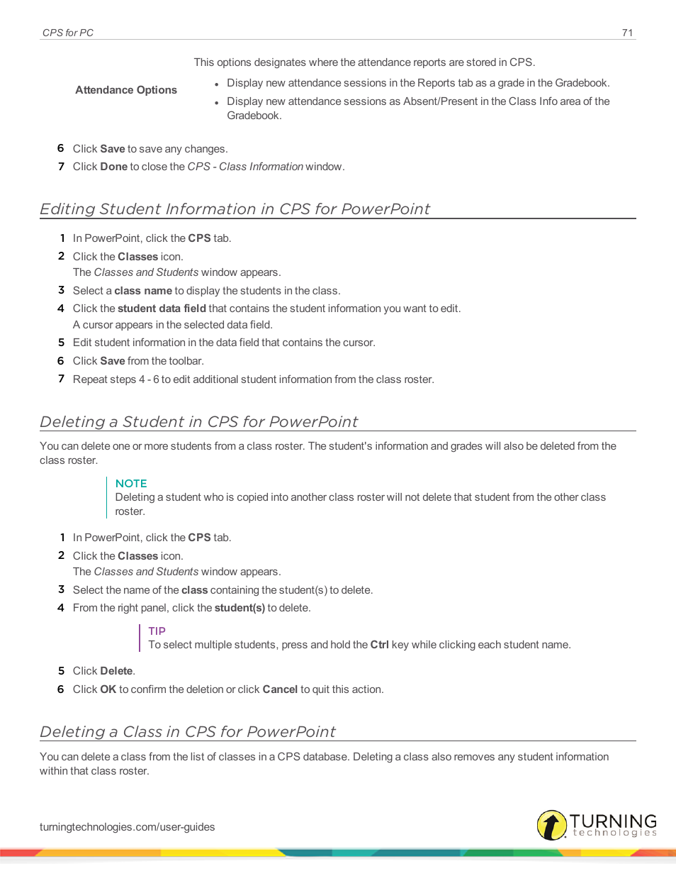 Editing student information in cps for powerpoint, Deleting a student in cps for powerpoint, Deleting a class in cps for powerpoint | Turning Technologies CPS User Manual | Page 71 / 106