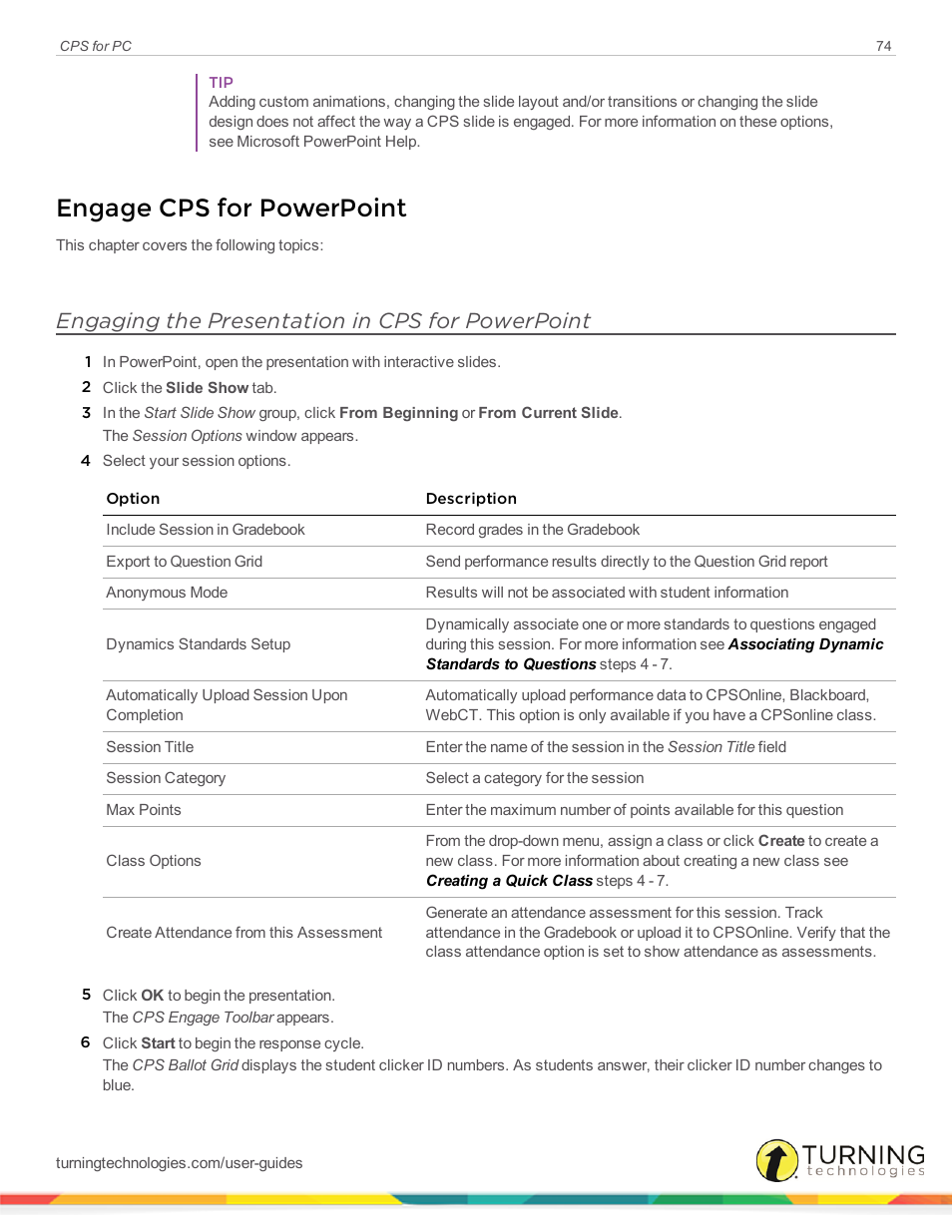 Engage cps for powerpoint, Engaging the presentation in cps for powerpoint | Turning Technologies CPS User Manual | Page 74 / 106