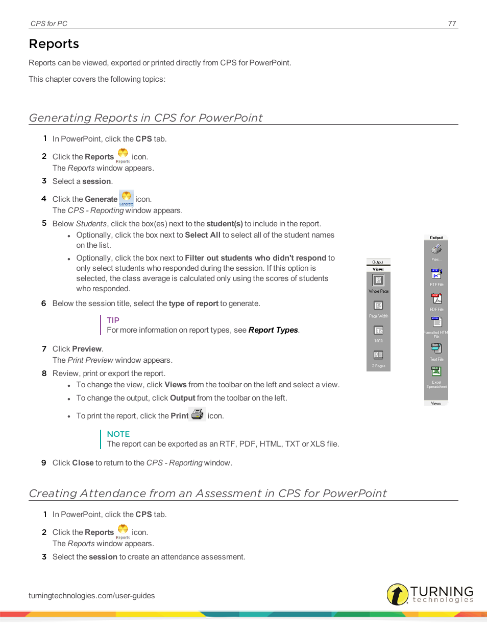 Reports, Generating reports in cps for powerpoint | Turning Technologies CPS User Manual | Page 77 / 106